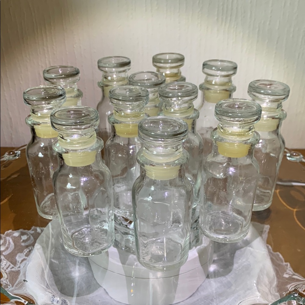 LOVE Potion or SPICE Glass Clear Jars VINTAGE Set/12 - for that GOTHIC effect...